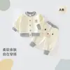Estilo casual primavera, outono, inverno conjunto infantil de roupas esportivas para bebê com listras de desenho animado e gola alta roupas infantis