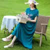 Elegante y moderno vestido de noche de algodón y seda de verano nuevo para madres de mediana edad y mayores, elegante vestido casual holgado para el hogar para mujer