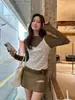 Conjunto de dos piezas para mujer: top camisola de encaje patchwork de otoño color verde limón + camiseta, top de encaje francés en capas