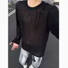 Camisa de punto de seda de hielo blanca para hombre, camiseta de verano con cuello redondo, estilo nicho de alta gama, camisa de manga larga fresca y holgada para protección solar