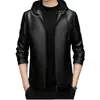 Jaqueta de Couro Masculina Outono/Inverno 2026, Casual de Negócios para Meia-Idade com Capuz, Zíper, Forro de Fleece, Casaco de Couro Espesso para Homens