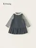 Bangxuan roupas infantis vestido para meninas conjunto de duas peças com gola de renda, vestido colete, blusa de coração com poá, conjunto infantil