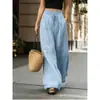 Pantalones de verano de cintura alta, holgados, de pierna ancha para mujer, color liso, cintura con cordón, pantalones largos casuales, estilo europeo y americano transfronterizo, pantalones versátiles de largo hasta el suelo