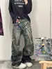 Estilo High Street Americano Estampa Digital 3D Corrente de Doces Jeans Curvo Vintage Unissex Calças Casuais Retas Tendência