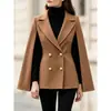 Casaco de Lã Cruzado Europeu e Americano Novo Estilo de Botão Duplo Cintura Marcada Outono e Inverno Moda Temperamento Elegante Conjunto de Capa Top
