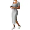 Moda Femenina Transfronteriza Nueva de Verano Vestido Cuadrado Sexy Delgado con Abertura que se Ajusta a la Cadera para Mujer Comercio Exterior Europeo y Americano Suave y Sedoso