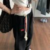 Calças Casuais de Primavera e Verão Femininas Estilo Americano High Street Retas de Perna Larga Soltas Versátil Bordadas na Perna Calças Esportivas Modernas Pretas