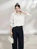 Camisa Blanca de Rayas con Cuello y Cintura Plisada BESOBE para Mujer, Blusa Casual Elegante Holgada de Manga Larga para Otoño