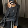 Camisa de Base Canelada Estilo Novo 2025 para Mulheres, Top Versátil Coreano, Gola Redonda Lisa, Ombro Normal, Camiseta de Manga Longa