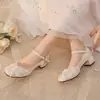 Guofeng Nuevo Llegado Zapatos Bordados 2024 Hebilla Hanfu Cheongsam Perla Tacón Medio Zapatos Comercio Exterior 4733 Zapatos Color Arroz Grueso Mujer
