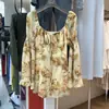 Top cuadrado retro francés Ruoxin para mujer, estilo otoño, con mangas volantes, estampado floral y un diseño suave de manga larga