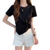 Camiseta Irregular de Algodão de Manga Curta para Mulheres, Novo Estilo de Verão 2026, Design Estiloso, Top Cropped, Mostrando a Cintura, Peça de Roupa Externa para Mulheres