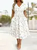 Amazon Europeia e Americana Verão 2026 Transfronteiriça Feminina Decote V Floral Cintura Marcada Fashion Vestido de Manga Curta Roupas Femininas