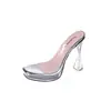 Saltos agulha super altos de 11 cm, sapatos de modelo de passarela, sapatos de exposição de carros, sandálias de cristal transparentes, sandálias plataforma de bico aberto, sandálias de salto grosso