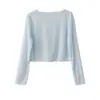 Cardigã de Ar Condicionado para Mulheres, Camisa de Tricô de Seda Gelada de Verão com Proteção Solar, Top de Renda Fino Solto Curto com Decote V e Manga Longa