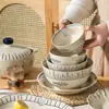 Set de Vajilla Creativa Estilo Japonés Happy Fish para Uso Doméstico: Bol de Arroz, Bol de Ramen, Bol de Sopa Cerámico Vintage de Doble Asa, Bol de Ensalada