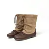 Botas de bloques de color, suaves y elegantes, botas de tacón grueso con punta redonda, detalle de lazo, tacón plano, botas slip-on marrones, botas de estilo western cómodas