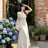 Vestido de Encaje con Cordones y Mangas Abullonadas de Lunares Estilo Francés para Mujer, Nuevo Estilo de Verano, Largo Adelgazante con Cintura Fruncida y Volantes