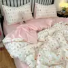 Conjunto de cama de quatro peças em algodão puro estilo cartoon INS, conjunto de cama de três peças simples em algodão puro, lençol e capa de edredom estilo princesa