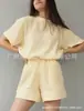 2025 Verano Europeo y Americano Crepé Azul Manga Corta Shorts Conjunto de Ropa para el Hogar para Mujer Pijamas Simples, Cómodos y Transpirables Venta al por Mayor