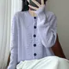 Cardigan Tricotado Feminino Gola Redonda em Lã Tencel Fio Duplo Espessado Peça de Exterior Design de Botão Preto Pontos Relevo Torcidos Suéter Rejuvenescedor
