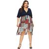 Ropa Cruzada para Mujer Tallas Grandes Vestido Estampado Patchwork con Escote en V Profundo Nudo Mangas Murciélago Irregulares Ajustado a la Cintura 11023