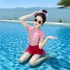 Maiô Feminino Duas Peças de Secagem Rápida, Maiô Estilo Coreano Rosa de Manga Curta com Saia Dividida, Roupas Infantis Finas de Verão