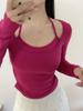 Camiseta de manga larga con cuello colgante para mujer, estilo sexy de otoño, de dos piezas, con cordones, ajustada, elástica y colorida, con base plisada lateral.