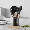 Set de diez piezas de utensilios de cocina de silicona negra con tubo de almacenamiento negro antiadherente, espátula de cocina y juego de cucharas de silicona suave