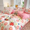 Juego lavable de cuatro piezas de algodón con funda de edredón cepillada, apto para todas las estaciones, sábana y funda de edredón lavables para dormitorios estudiantiles, juego de ropa de cama