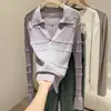 Top de punto acanalado morado de manga larga estilo coreano para mujer, nuevo modelo primavera 2025, corte ajustado, favorecedor, suave y acogedor, top base