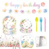 Flores da Amazon Borboleta Tema de Primavera Decoração de Festa de Aniversário Suprimentos Prato de Papel Descartável Bandeira Flor Banner