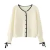 Tejido de Punto Dulce y Elegante con Borde Contrastante para Mujer, Cárdigan Holgado y Ceñido de Punto con Cuello en V, Botones al Frente, Puños y Cordones