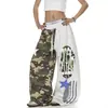 Calça de moletom com estampa de camuflagem color-blocking patchwork estilo americano, bainha curva, unissex, design outono e inverno, calça larga solta, moderna