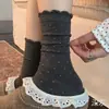 Calcetines blancos de tripulación para mujer, estilo primavera y otoño, algodón puro, longitud hasta la mitad de la pantorrilla, estilo coreano, con encaje y lunares, perfectos para combinar con sandalias Birkenstock