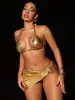 Bikini Personalizado Modelo Nuevo 2026 para Comercio Exterior, Atractivo Traje de Baño de Dos Piezas Estilo Europeo y Americano, Conjunto de Tres Piezas Transfronterizo, Color Dorado Sólido, Estilo Falda