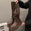 Botas de caña alta con dos estilos de uso, botas largas de tacón grueso, Rade plegable, botas de cuero de suela gruesa, botas de caña ancha para bellezas, adelgazantes, holgadas