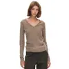 Suéter de tricô V-neck cor de café retrô estilo francês para mulheres, perfeito para o outono, com textura sofisticada e macia, efeito emagrecedor e mangas compridas