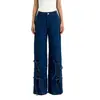 Calça Jeans Feminina Retrô de Novo Estilo Europeu e Americano com Decoração de Cadarço, Perna Larga Reta Solta e Relaxada