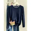 Camiseta de algodón puro para mujer, estilo dos piezas falsas, cuello redondo, manga larga, para otoño, con diseño único, aspecto elegante, efecto rejuvenecedor y versátil como top o capa base