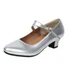 Sapatos de dança femininos com solas macias e saltos médios, sapatos de dança para adultos, sapatos de dança quadrada, sapatos de performance em prata, adequados para todas as estações, sapatos de dança latina