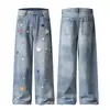 Jeans Anchos Bordados Patchwork de Corazón y Estrella para Hombre, Nuevo Estilo de Primavera con Adorno de Botón Lindo, Pantalones Largos Casuales Rectos para Mujer