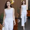 Conjunto elegante de duas peças em cor sólida feito sob medida, top sem mangas acinturado emagrecedor, terninho de calça reta branco leve e respirável