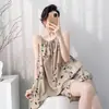 Muzhen Silk 26º Aniversário Novo Estilo Algodão Artificial Seda Camisola Shorts Conjunto de Pijama para Mulheres Verão Estampa de Desenho Animado Fino Roupa de Casa