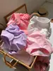 Camiseta Nueva de Verano para Niña, Manga Corta, Color Caramelo, Delgada, con Lazo y Cuello de Muñeca, Elegante Top para Bebé con Mangas de Linterna de Media Longitud
