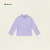 Blusa base feminina com babados e gola alta meia, estilo primavera e outono, manga longa justa e elástica, top infantil liso