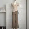 Camisa de Punto Nudo Manga Corta Color Melocotón + Pantalones Largos Casuales Mismo Estilo que Zhao Lusi, Poliéster, Directo de Fábrica, con Etiquetas, Algodón