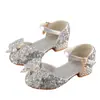 Zapatos de Tacón Alto de Cristal con Lazo para Niñas Nuevos en Stock Zapatos Brillantes de Princesa Zapatos de Cuero para Actuación de Piano de Niñas