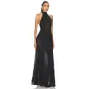 Vestido de noche estilo europeo y americano con cuello halter de malla transparente, vestido largo con profundo escote en la espalda, ajustado, negro, hasta el suelo