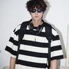 Camiseta Listrada Japonesa Gola Careca Manga Curta Masculina Verão Ins Marca Tendência Moda Camiseta Básica para Casal Meia-manga Solta